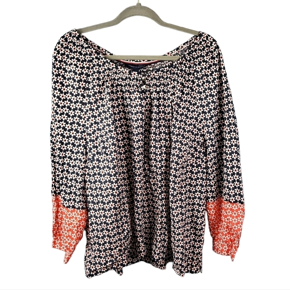 TOMMY Hilfiger Blue Orange Floral Colorblock Puff Sleeve Blouse 1X Career Casual